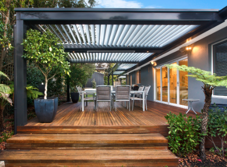 Modern deck with louvered pergola